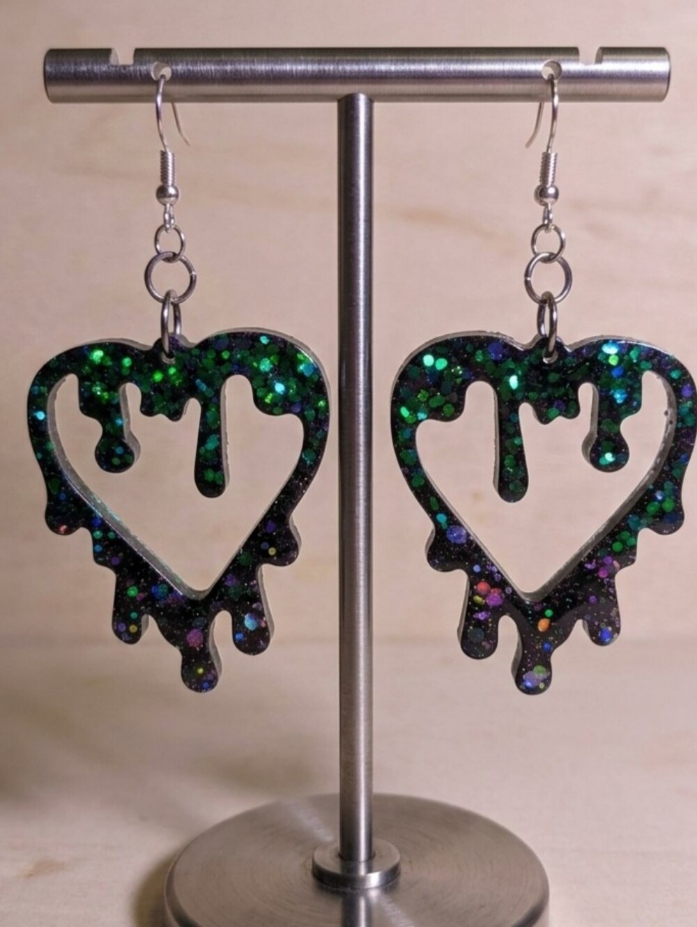 Green Glitter Dripping Heart Earrings | Goth Alt Resin Dangles